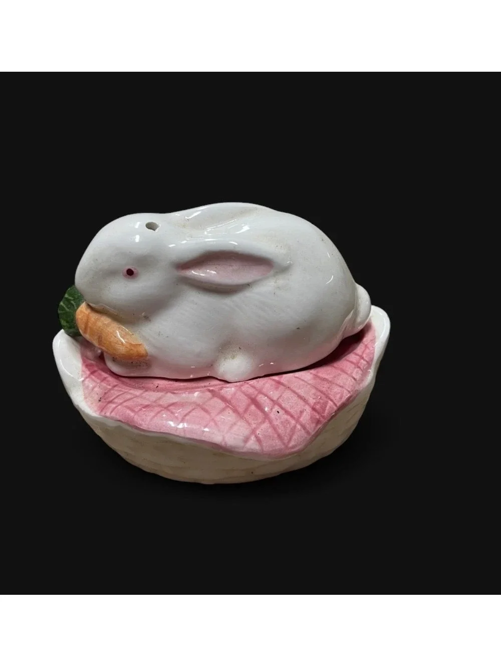 Ceramic Bunny Salt and Pepper Shaker Set with Pink Base and Carrot Acces